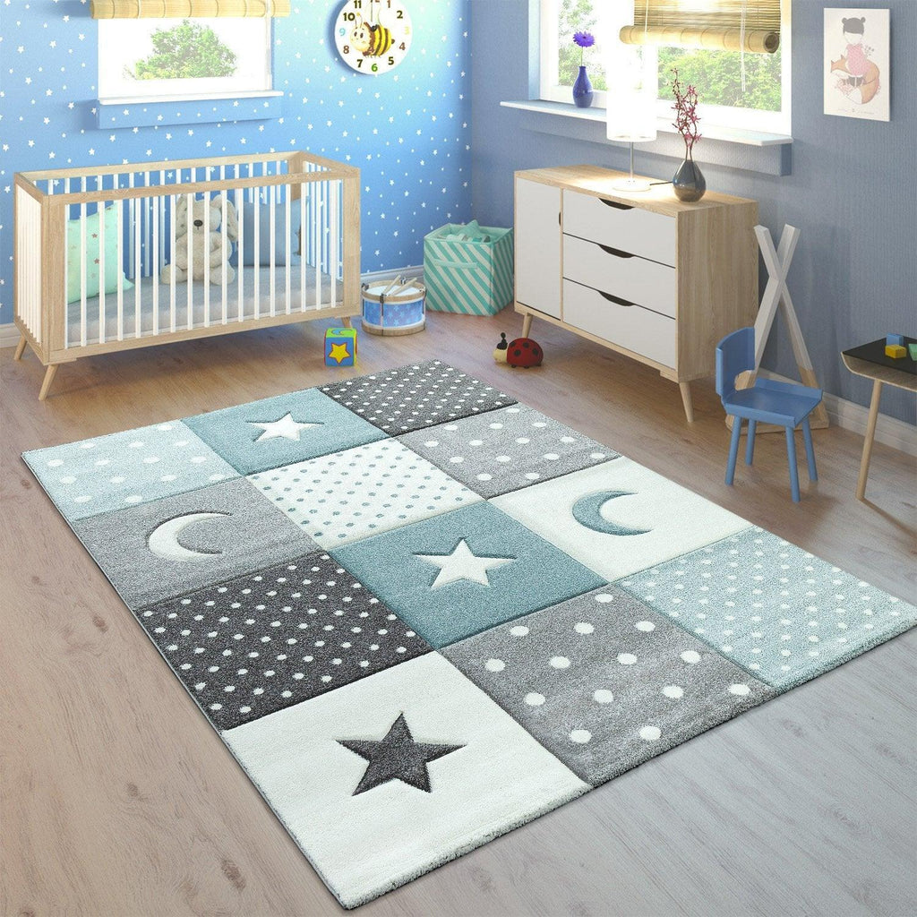 White and blue pastel kids rug with dots, hearts, and stars pattern, soft checked design - House of Avana