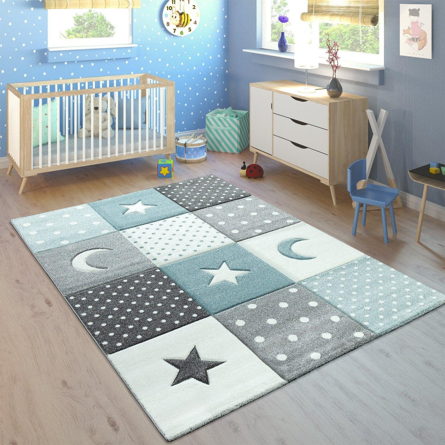 White and blue pastel kids rug with dots, hearts, and stars pattern, soft checked design - House of Avana