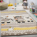 Kids Rug with Charming Farm Animals Patchwork in Beige Cream RugYourHome