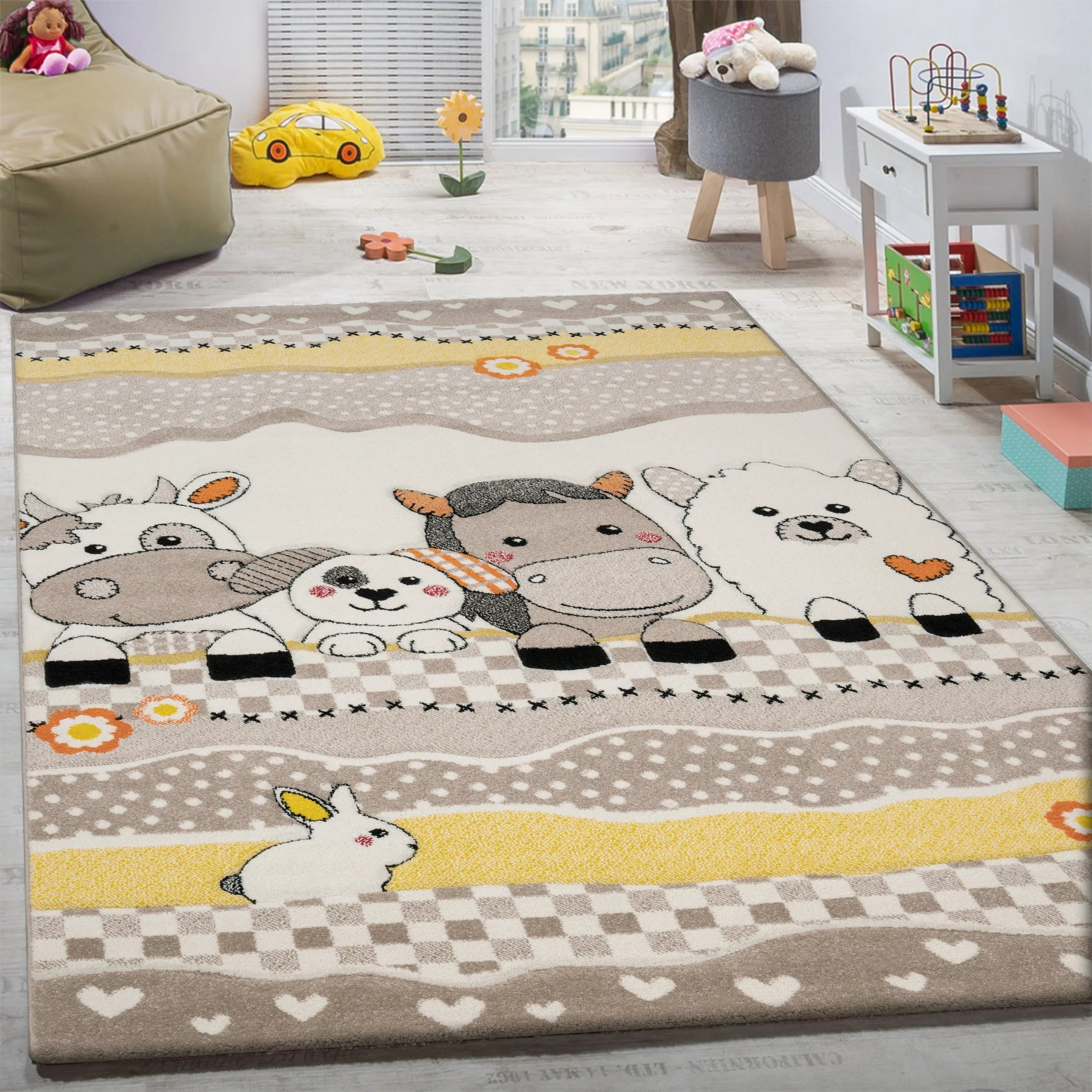 Kids Rug with Charming Farm Animals Patchwork in Beige Cream RugYourHome
