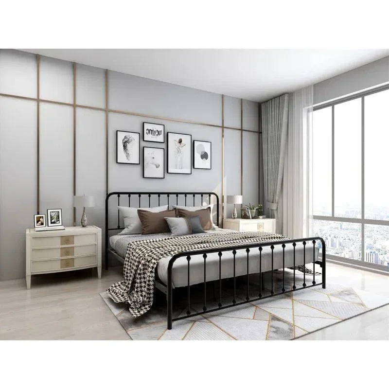 King Black Metal Platform Bed Frame with Rounded Corners Headboard Footboard