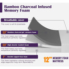 King size 12-inch Charcoal Infused Memory Foam Mattress with Removable Cover