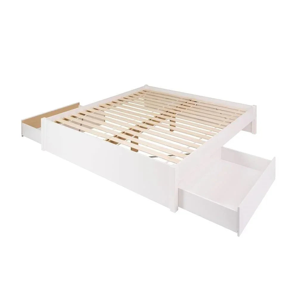 King Size 2 Drawer Storage White Wooden 4 Post Platform Bed  Frame