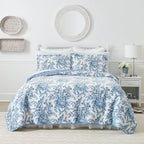 King size 3 Piece Bed-in-a-Bag Reversible Blue White Floral Cotton Quilt Set