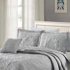 King size Ash Grey Damask Embroidered 4 Piece Oversized Bedspread Set