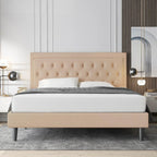 King size Beige Linen Platform Bed Frame with Button Tufted Headboard