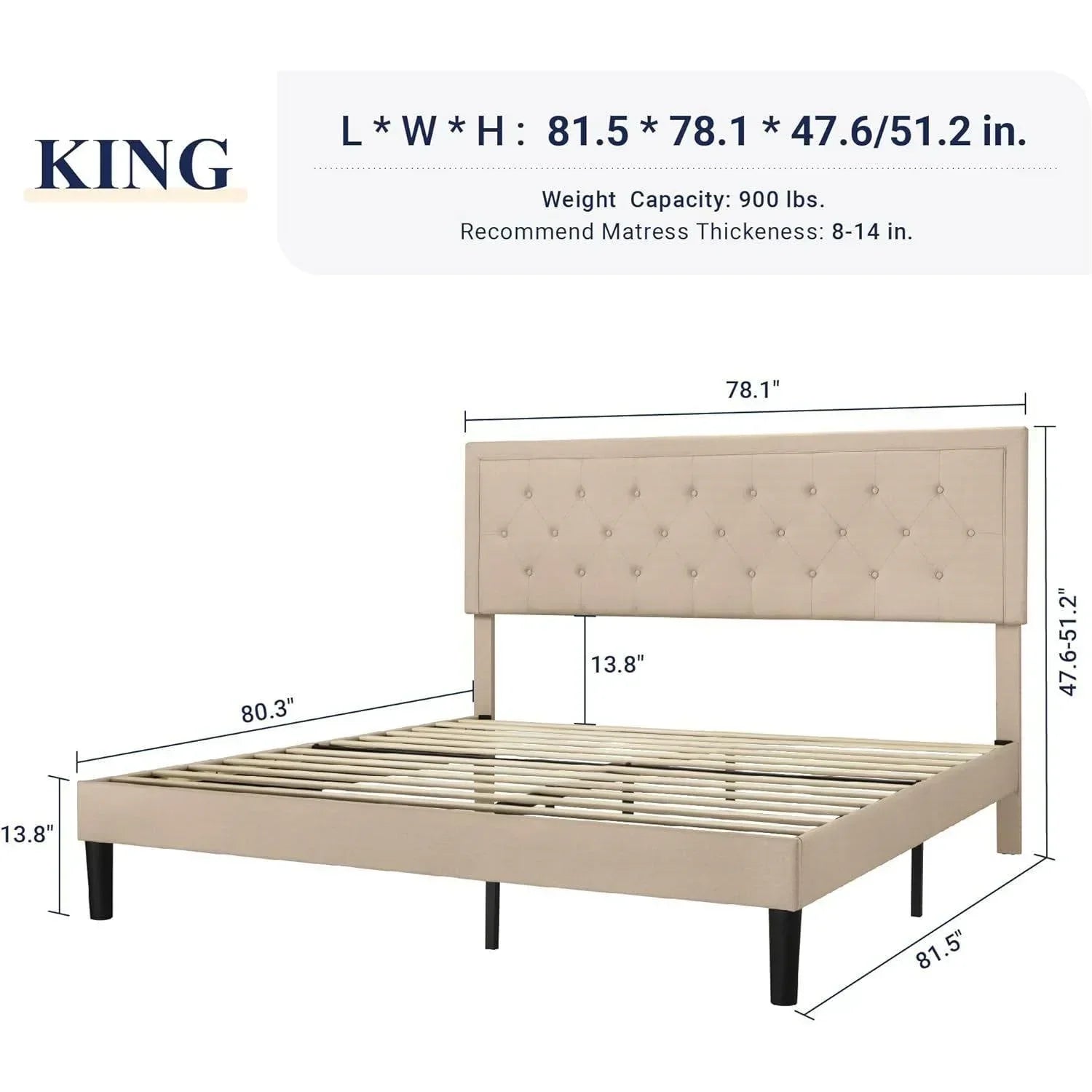 King size Beige Linen Platform Bed Frame with Button Tufted Headboard