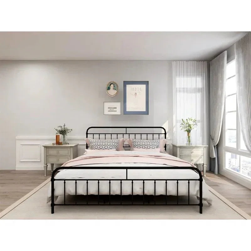 King size Black Metal Platform Bed Frame with Rounded Headboard Footboard