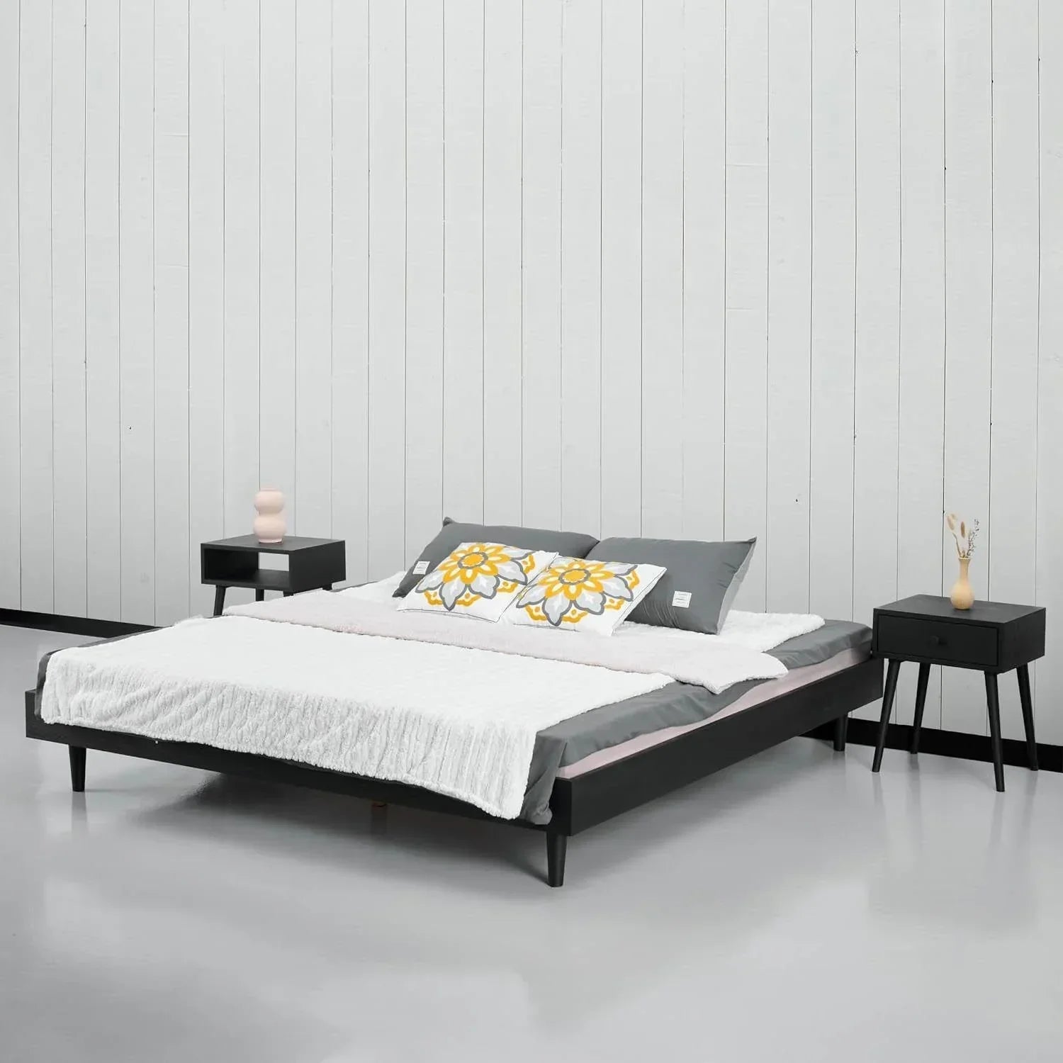 King size Mid-Century Modern Platform Bed Frame in Black Wood Finish