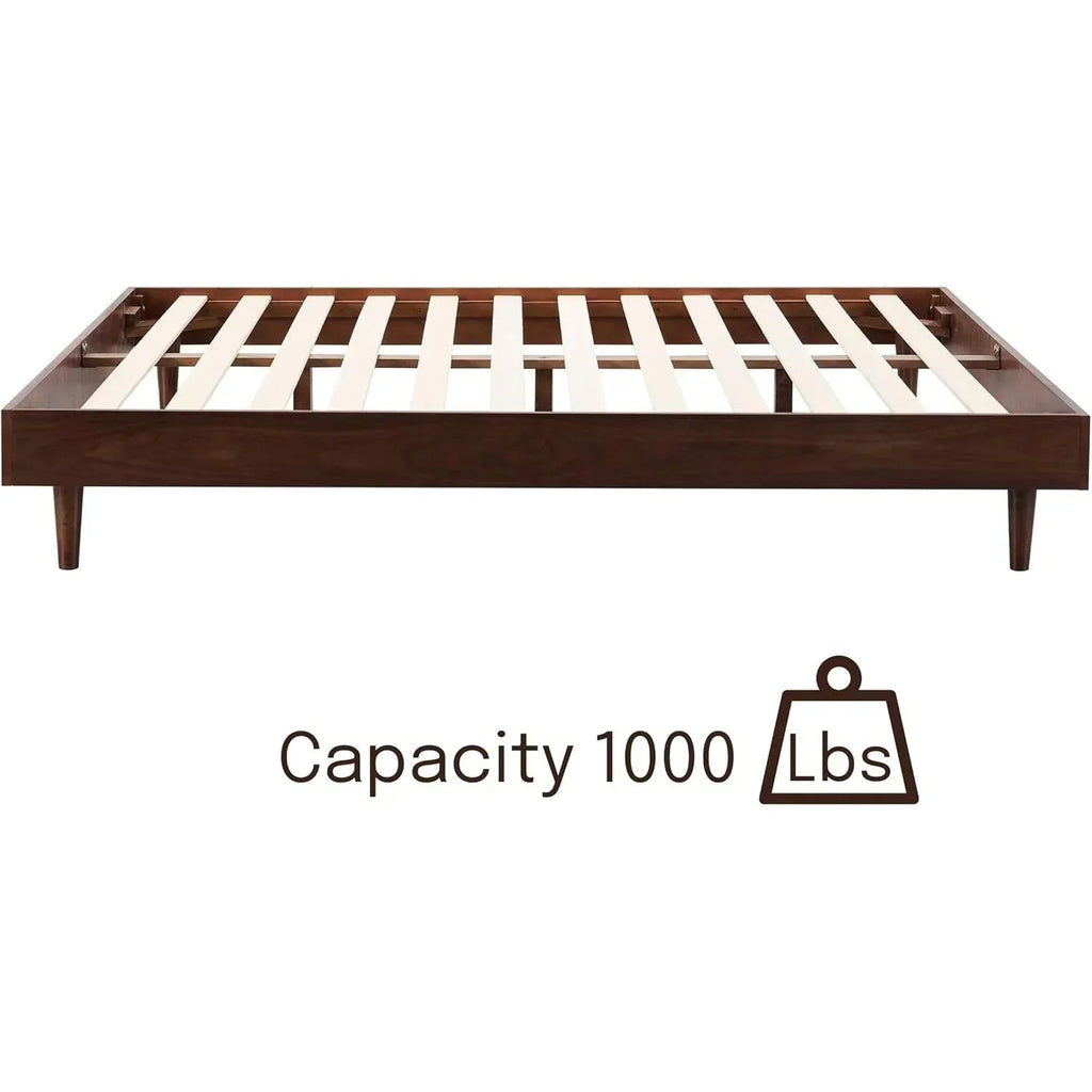 King size Mid-Century Modern Platform Bed Frame in Dark Brown Wood Finish