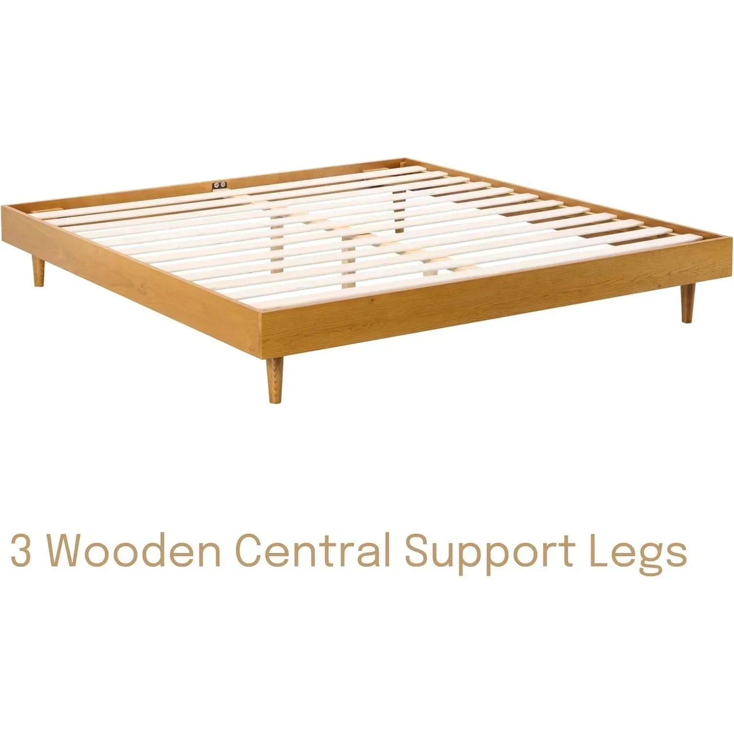 King size Mid-Century Modern Platform Bed Frame in Light Wood Finish