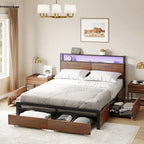 King size Platform Bed with Headboard and Storage Drawers in Brown Wood Finish