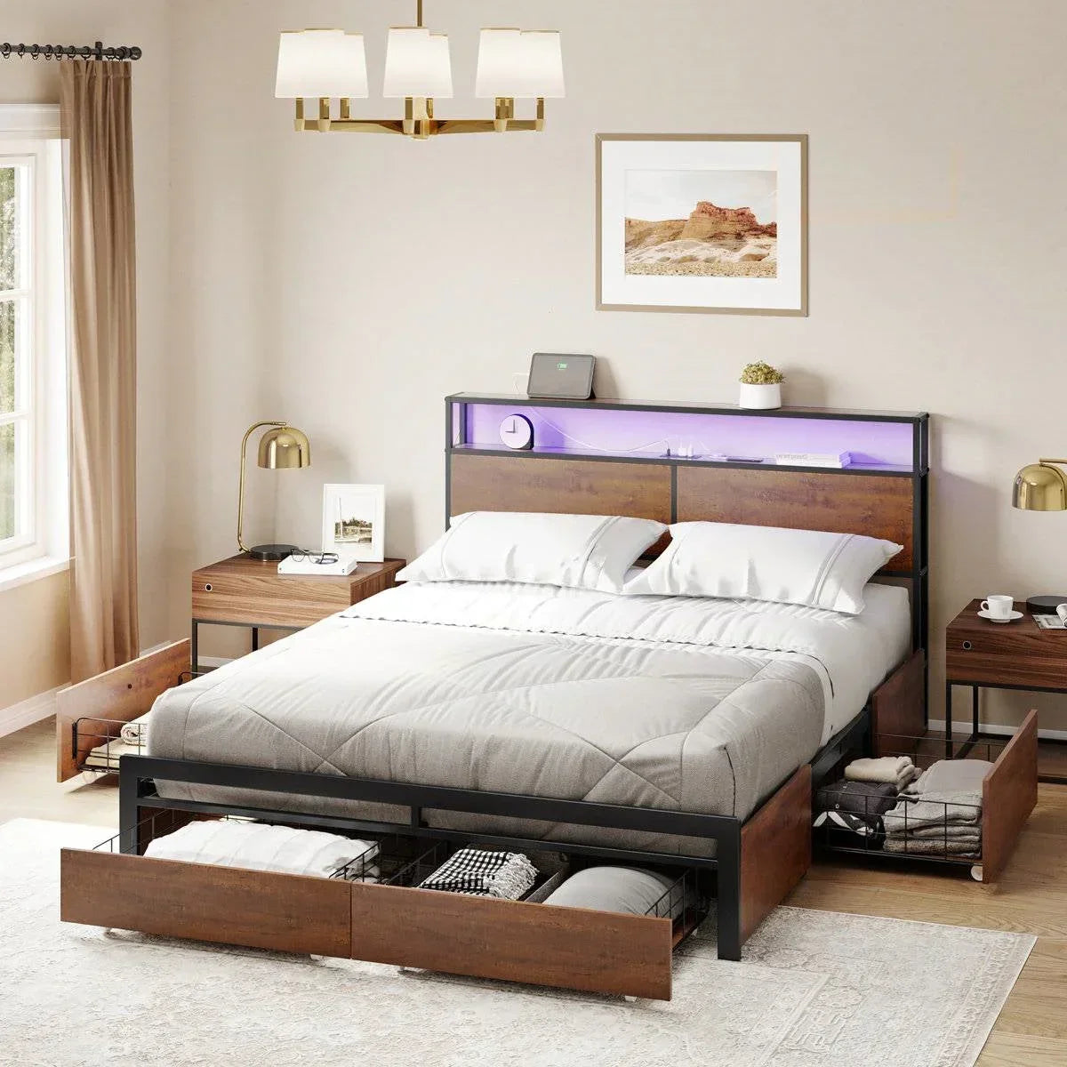 King size Platform Bed with Headboard and Storage Drawers in Brown Wood Finish