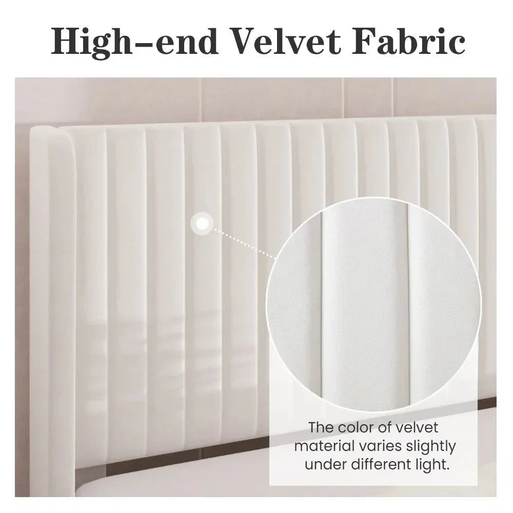 King size White Velvet Upholstered Platform Bed Frame with Wingback Headboard