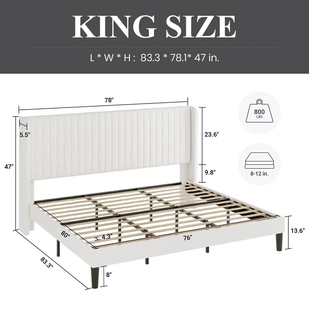 King size White Velvet Upholstered Platform Bed Frame with Wingback Headboard