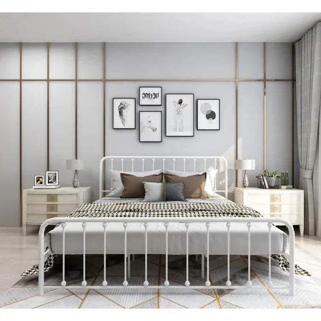 King White Metal Platform Bed Frame with Rounded Corners Headboard Footboard