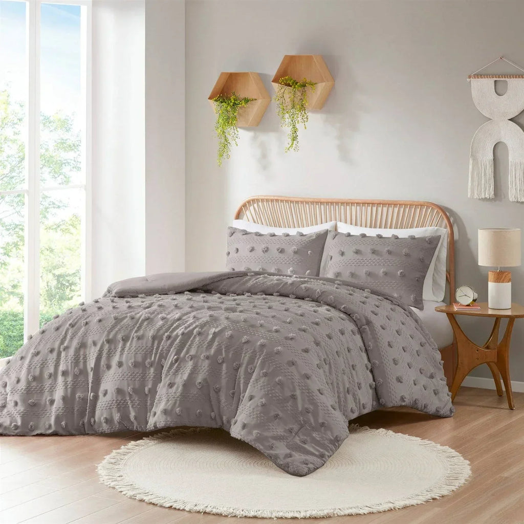 King/Cal King 3-Piece Grey Microfiber Comforter Set with Decorative Pompoms