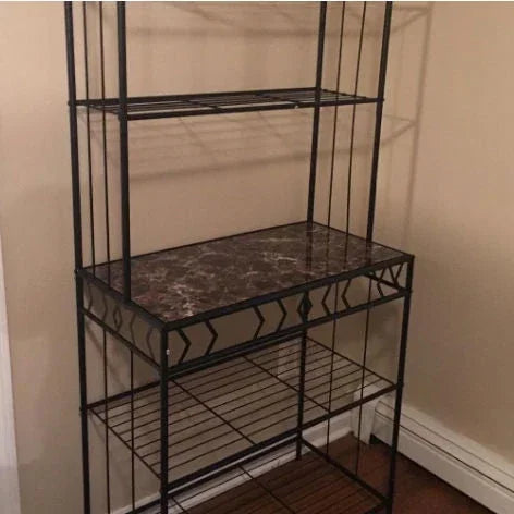 Kitchen Bakers Rack in Black Metal with Marble Finish Top