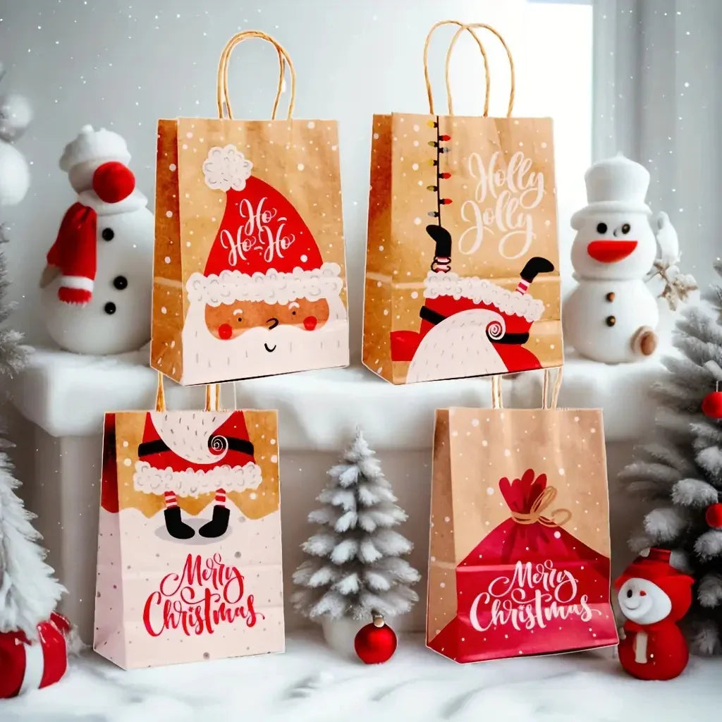 12pcs Festive Kraft Paper Tote Bags with Handles - Assorted Holiday Designs (Santa, Reindeer, Snowman, Christmas Tree) - Durable & Portable for Gift Wrapping, Party Favors, and Holiday Decorations, Christmas Decorations, Pape House Of Avana [[SKU:HOA-MSC-037]]