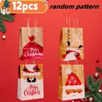 12pcs Festive Kraft Paper Tote Bags with Handles - Assorted Holiday Designs (Santa, Reindeer, Snowman, Christmas Tree) - Durable & Portable for Gift Wrapping, Party Favors, and Holiday Decorations, Christmas Decorations, Pape House Of Avana [[SKU:HOA-MSC-037]]