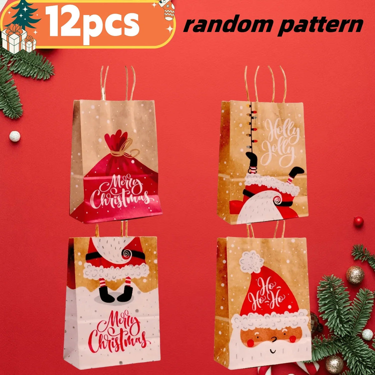 12pcs Festive Kraft Paper Tote Bags with Handles - Assorted Holiday Designs (Santa, Reindeer, Snowman, Christmas Tree) - Durable & Portable for Gift Wrapping, Party Favors, and Holiday Decorations, Christmas Decorations, Pape House Of Avana [[SKU:HOA-MSC-037]]