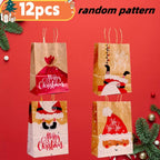 12pcs Festive Kraft Paper Tote Bags with Handles - Assorted Holiday Designs (Santa, Reindeer, Snowman, Christmas Tree) - Durable & Portable for Gift Wrapping, Party Favors, and Holiday Decorations, Christmas Decorations, Pape House Of Avana [[SKU:HOA-MSC-037]]