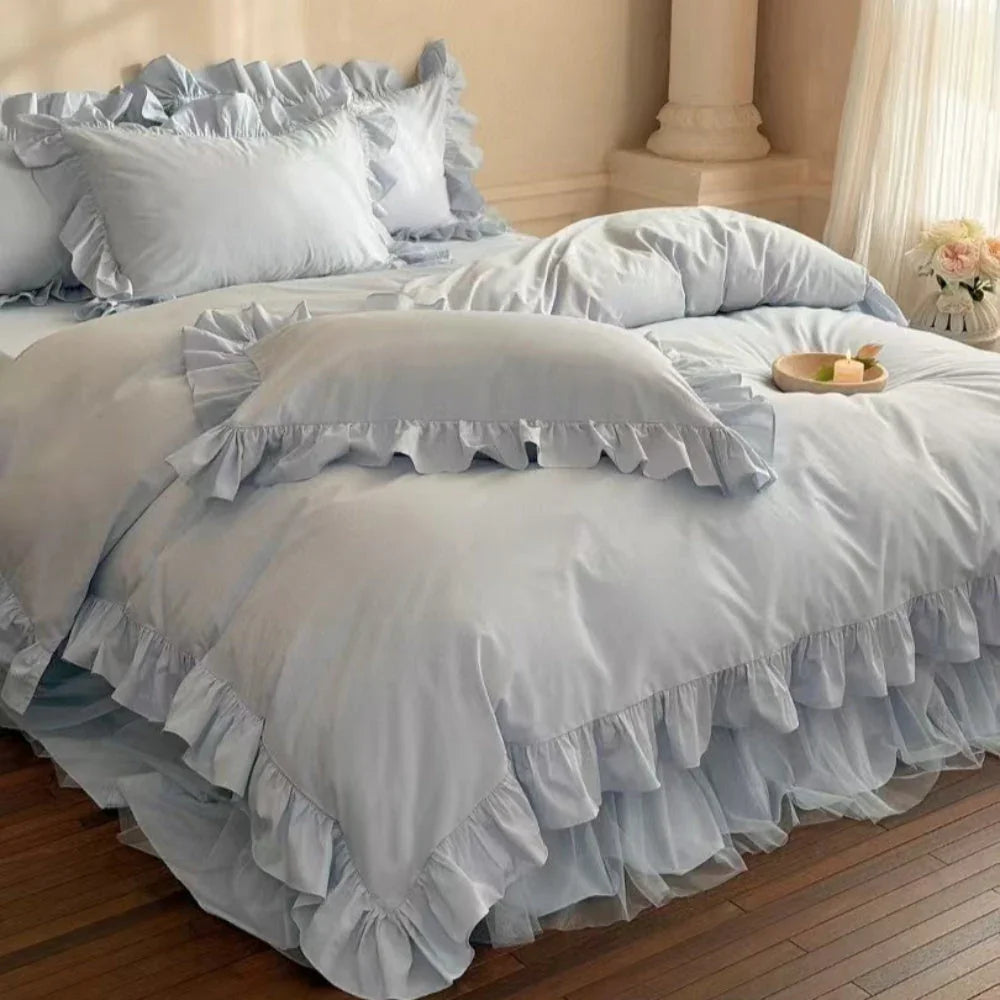 Lacey Lace Ruffle Washed Cotton Bedding Set / Blue Ever Lasting