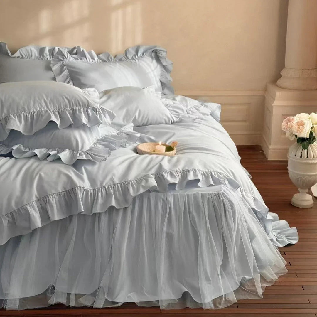 Lacey Lace Ruffle Washed Cotton Bedding Set / Blue Ever Lasting