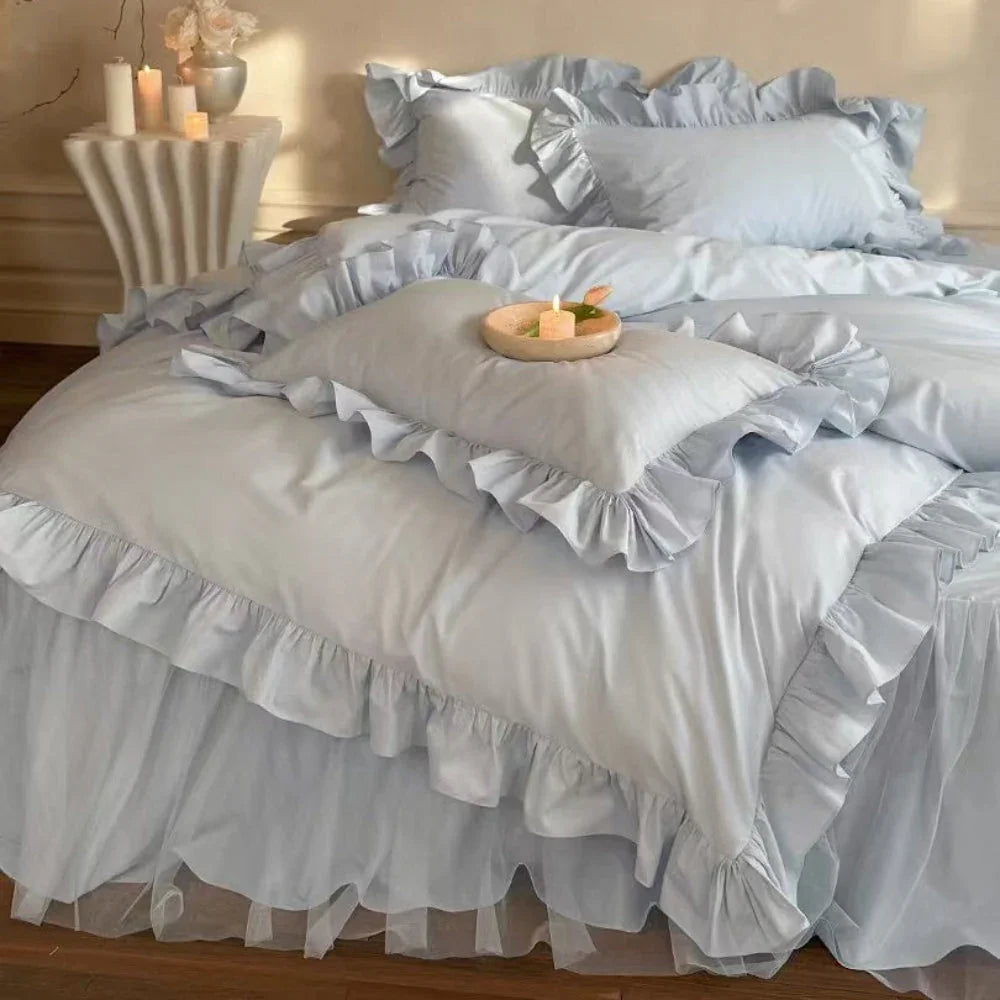 Lacey Lace Ruffle Washed Cotton Bedding Set / Blue Ever Lasting