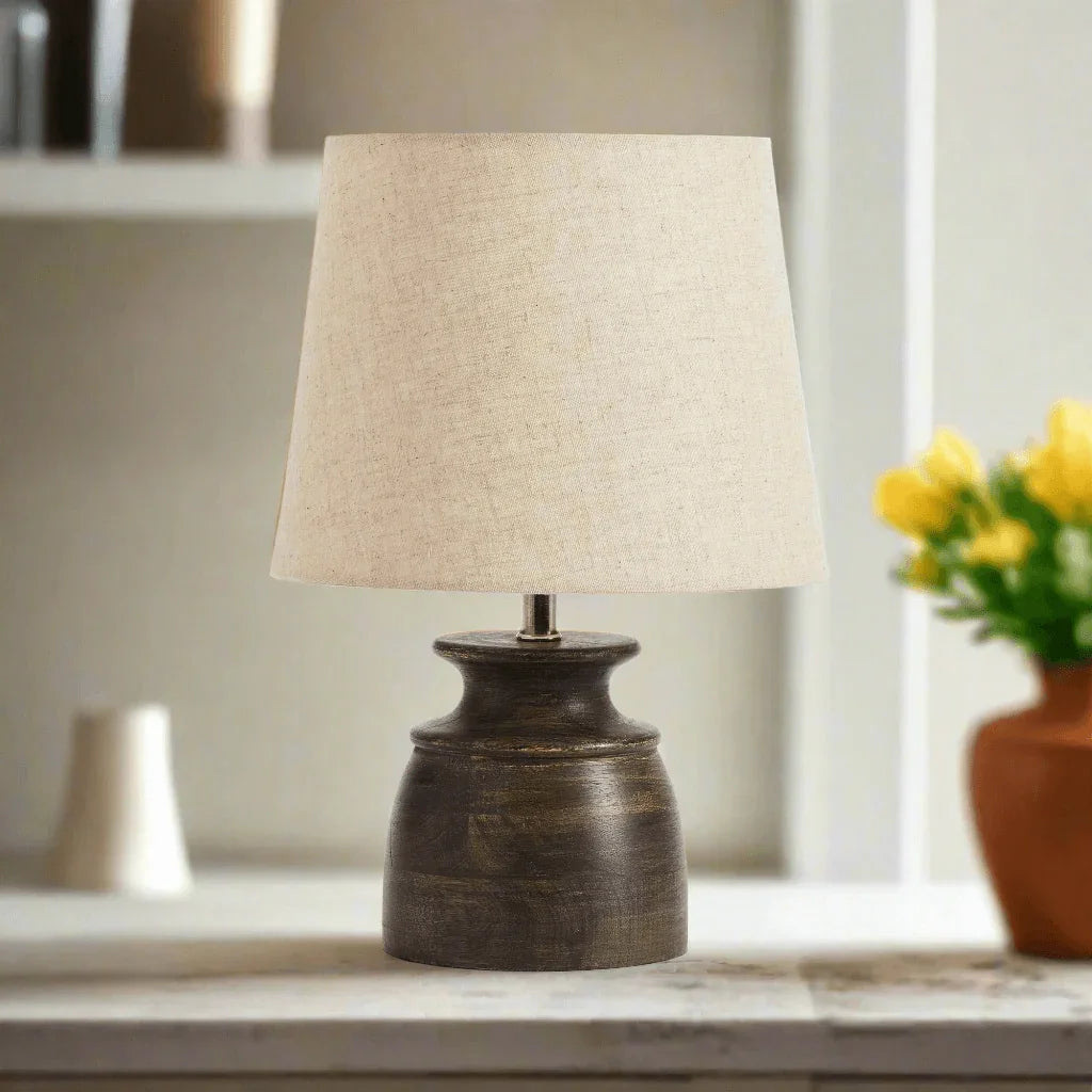 Petite Mango Wood Desk Lamp with Natural Linen Shade - House Of Avana