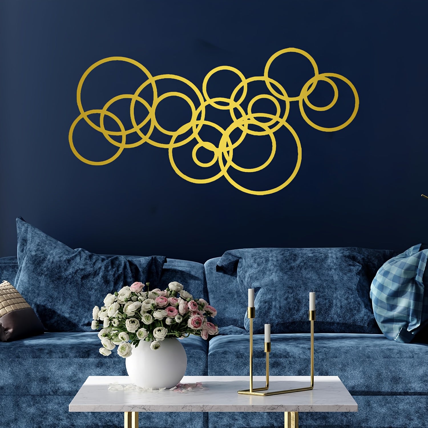 Large 24"x48" Golden Metal Wall Art - Abstract Geometric Circles Modern Minimalist Wall Sculpture, Interlocking Concentric Circles Iron Wall Decor for Home Office, Living Room, Bedroom - Horizontal Large-Scale Indoor Wall Han House Of Avana