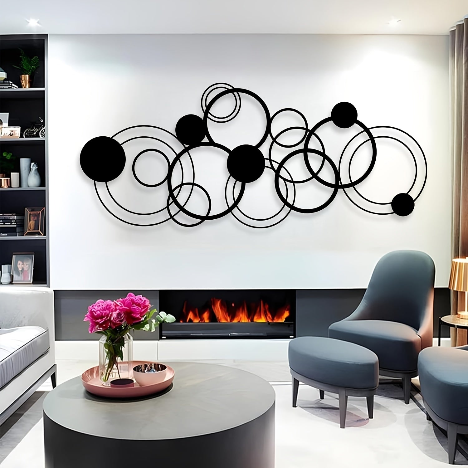 Large 41"x17" Modern Geometric Metal Wall Art - Abstract Circles Design, Minimalist Luxury Indoor Wall Decor for Living Room, Bedroom, Office - Black, Metal Wall Decor, Home Decoration, Contemporary Style, Elegant Craftsmansh House Of Avana