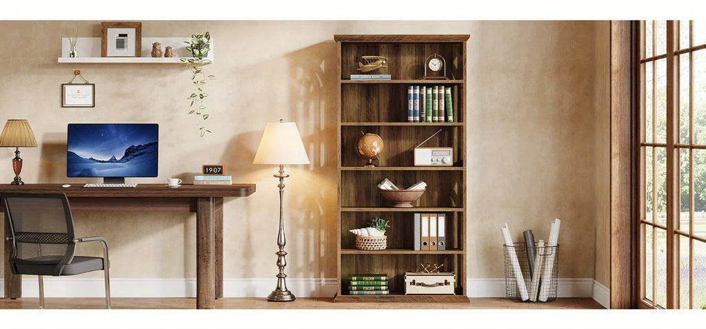 [Large Bookcase] Large 75-Inch Tall Bookcase | 6-Tier Bookshelf, Freestanding Wood Display Shelves for Living Room, Home Office, Bedroom - Brown House Of Avana