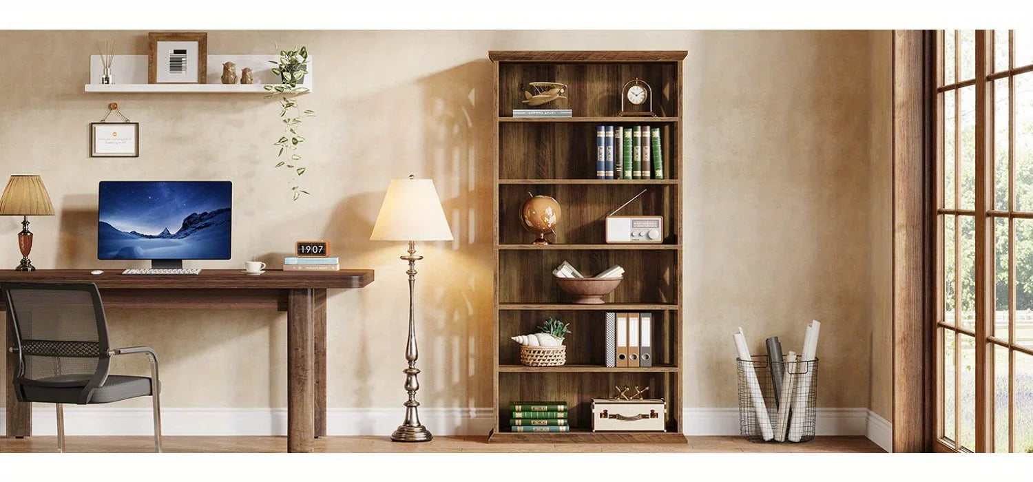 [Large Bookcase] Large 75-Inch Tall Bookcase | 6-Tier Bookshelf, Freestanding Wood Display Shelves for Living Room, Home Office, Bedroom - Brown House Of Avana