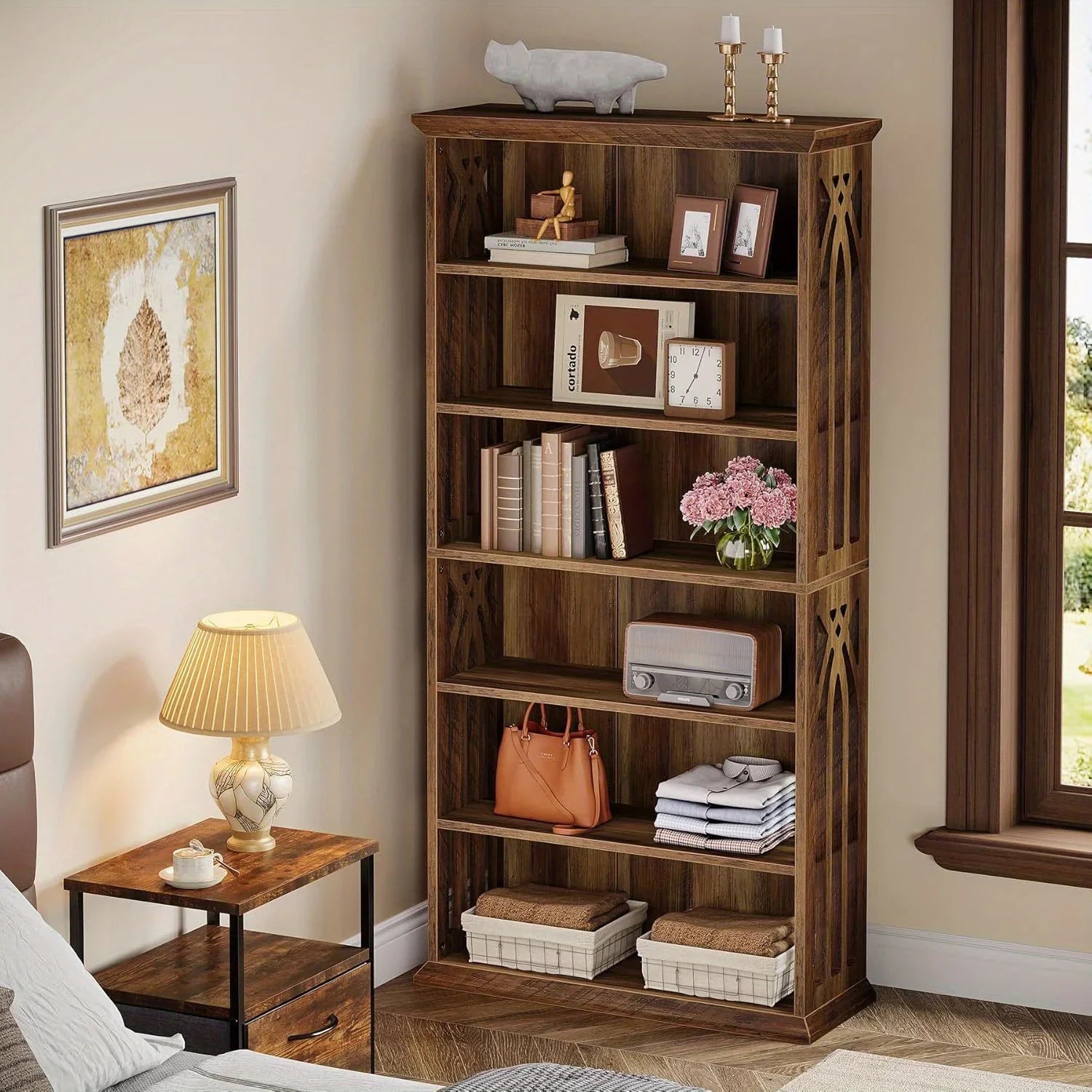 [Large Bookcase] Large 75-Inch Tall Bookcase | 6-Tier Bookshelf, Freestanding Wood Display Shelves for Living Room, Home Office, Bedroom - Brown House Of Avana