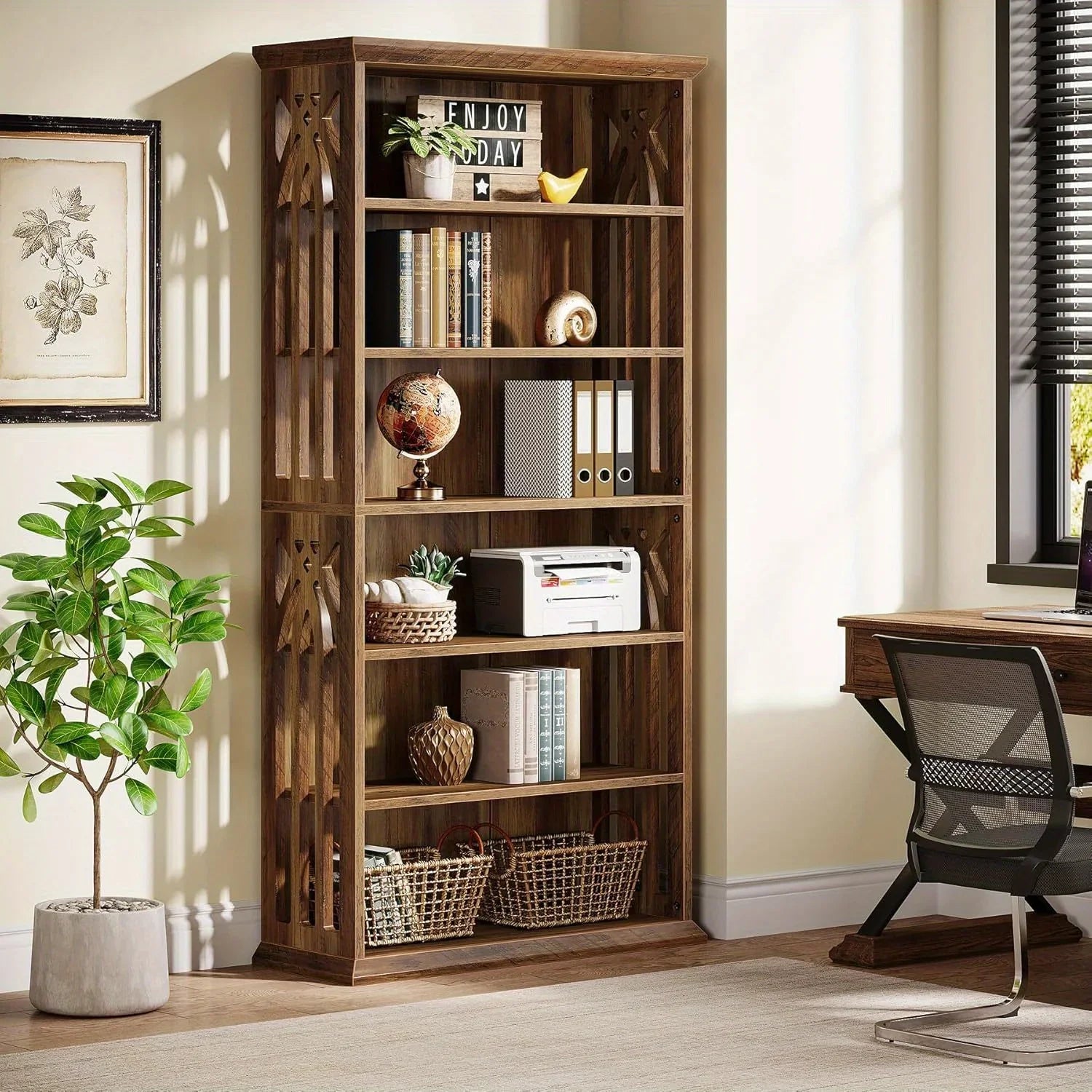 [Large Bookcase] Large 75-Inch Tall Bookcase | 6-Tier Bookshelf, Freestanding Wood Display Shelves for Living Room, Home Office, Bedroom - Brown House Of Avana