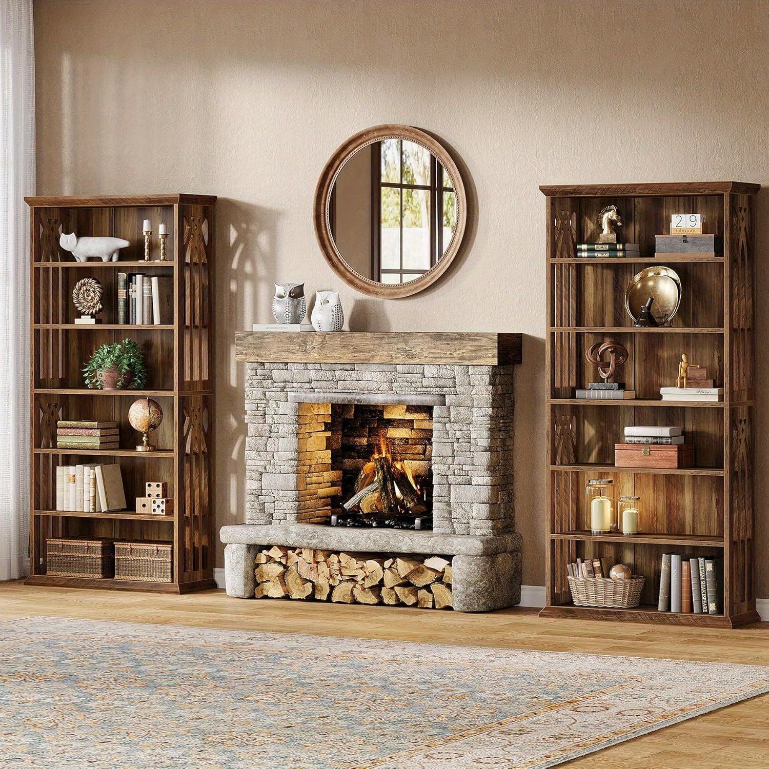 [Large Bookcase] Large 75-Inch Tall Bookcase | 6-Tier Bookshelf, Freestanding Wood Display Shelves for Living Room, Home Office, Bedroom - Brown House Of Avana