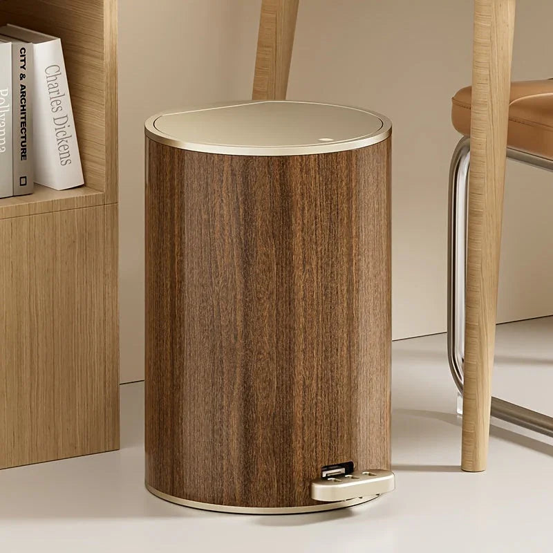 Large Capacity Circular Wood Grain Pedal Trash Bin - Premium & Silent with Lid, Ideal for Living Room & Bathroom, Perfect for Home, Office, and Restaurant Use, Office Trash Bin | Modern Trash Design | Durable Plastic Bin, Tra House Of Avana