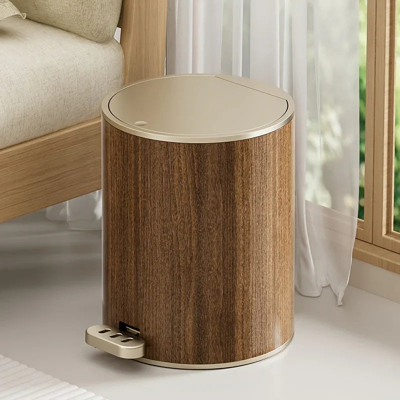 Large Capacity Circular Wood Grain Pedal Trash Bin - Premium & Silent with Lid, Ideal for Living Room & Bathroom, Perfect for Home, Office, and Restaurant Use, Office Trash Bin | Modern Trash Design | Durable Plastic Bin, Tra House Of Avana