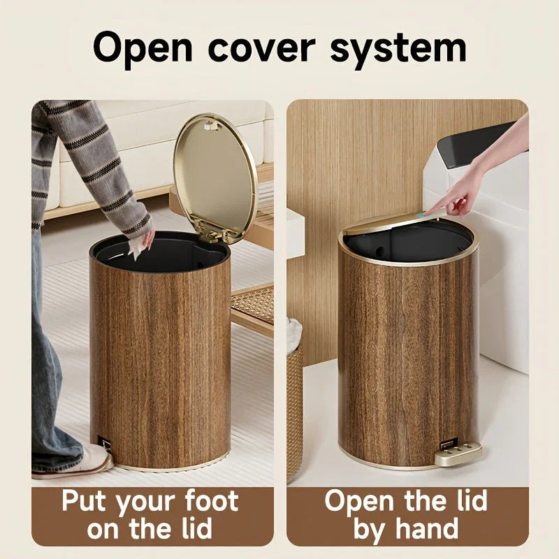 Large Capacity Circular Wood Grain Pedal Trash Bin - Premium & Silent with Lid, Ideal for Living Room & Bathroom, Perfect for Home, Office, and Restaurant Use, Office Trash Bin | Modern Trash Design | Durable Plastic Bin, Tra House Of Avana