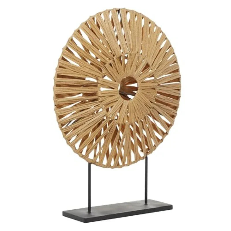 Large Handmade-Style Plastic Rattan Abstract Sculpture with Black Stand - Brown Textured Round Wall-Mountable or Freestanding Decorative Statue, 22"L x 6"W x 29"H, Durable Iron/PVC Construction for Coastal, Modern & Rustic Ho House Of Avana