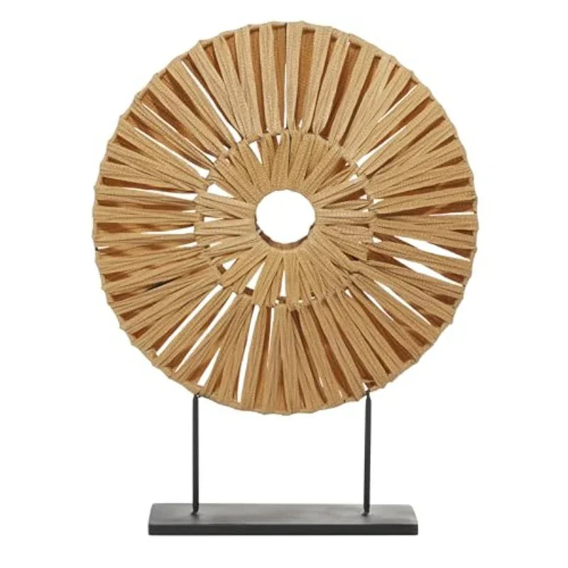 Large Handmade-Style Plastic Rattan Abstract Sculpture with Black Stand - Brown Textured Round Wall-Mountable or Freestanding Decorative Statue, 22"L x 6"W x 29"H, Durable Iron/PVC Construction for Coastal, Modern & Rustic Ho House Of Avana