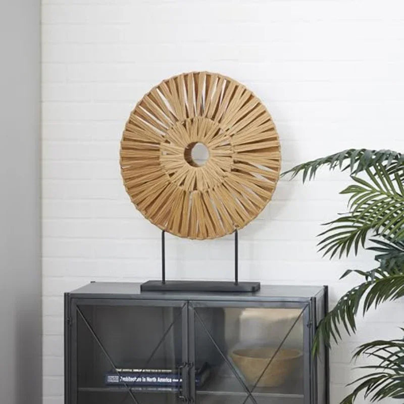 Large Handmade-Style Plastic Rattan Abstract Sculpture with Black Stand - Brown Textured Round Wall-Mountable or Freestanding Decorative Statue, 22"L x 6"W x 29"H, Durable Iron/PVC Construction for Coastal, Modern & Rustic Ho House Of Avana