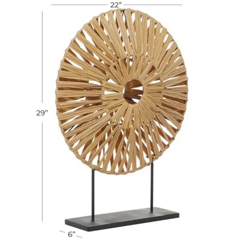 Large Handmade-Style Plastic Rattan Abstract Sculpture with Black Stand - Brown Textured Round Wall-Mountable or Freestanding Decorative Statue, 22"L x 6"W x 29"H, Durable Iron/PVC Construction for Coastal, Modern & Rustic Ho House Of Avana
