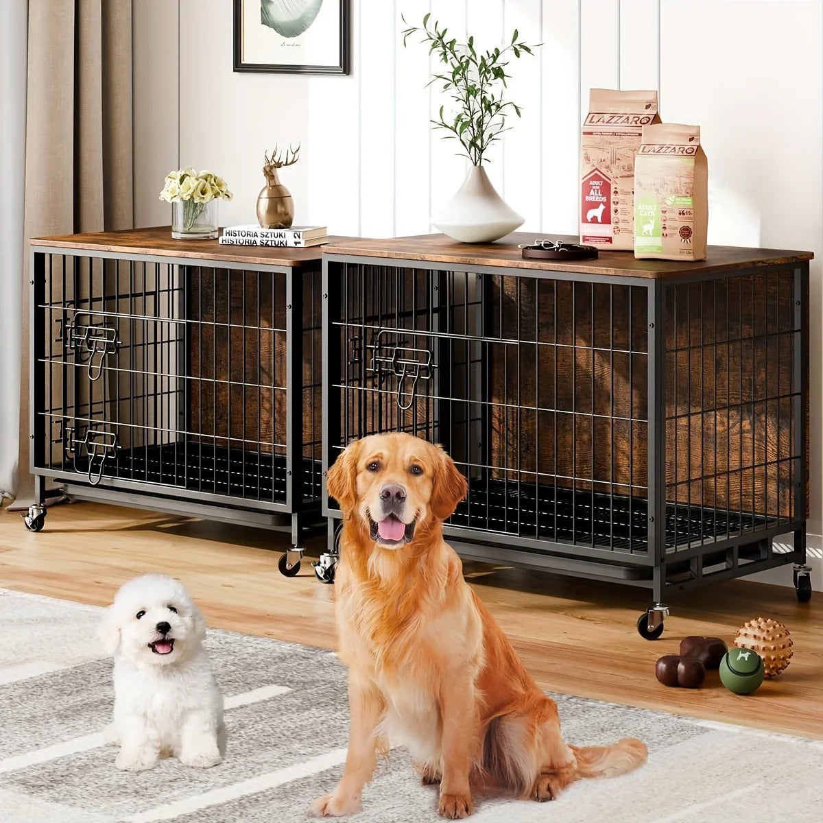 Large Heavy-Duty MDF & Wood Dog Crate Furniture - Double Door Kennel End Table with Removable Tray, Adjustable Divider &, Chew-Resistant Puppy Cage for Indoor/Outdoor Use, Multi-Size Dog House for Large Breeds (Golden Accent House Of Avana