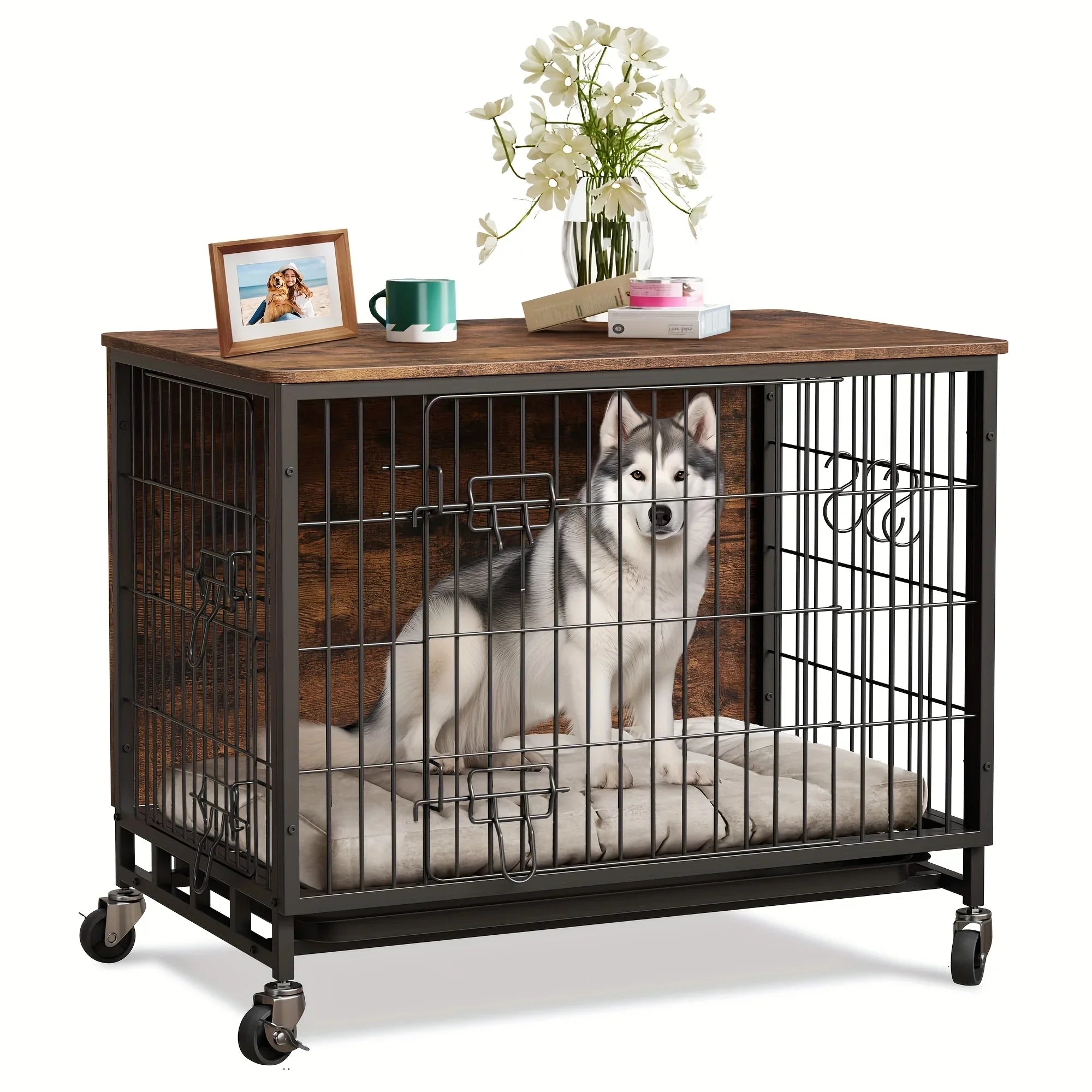 Large Heavy-Duty MDF & Wood Dog Crate Furniture - Double Door Kennel End Table with Removable Tray, Adjustable Divider &, Chew-Resistant Puppy Cage for Indoor/Outdoor Use, Multi-Size Dog House for Large Breeds (Golden Accent House Of Avana