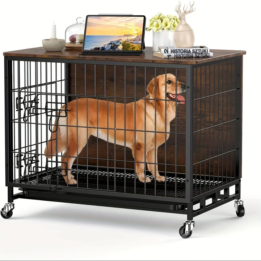 Large Heavy-Duty MDF & Wood Dog Crate Furniture - Double Door Kennel End Table with Removable Tray, Adjustable Divider &, Chew-Resistant Puppy Cage for Indoor/Outdoor Use, Multi-Size Dog House for Large Breeds (Golden Accent House Of Avana