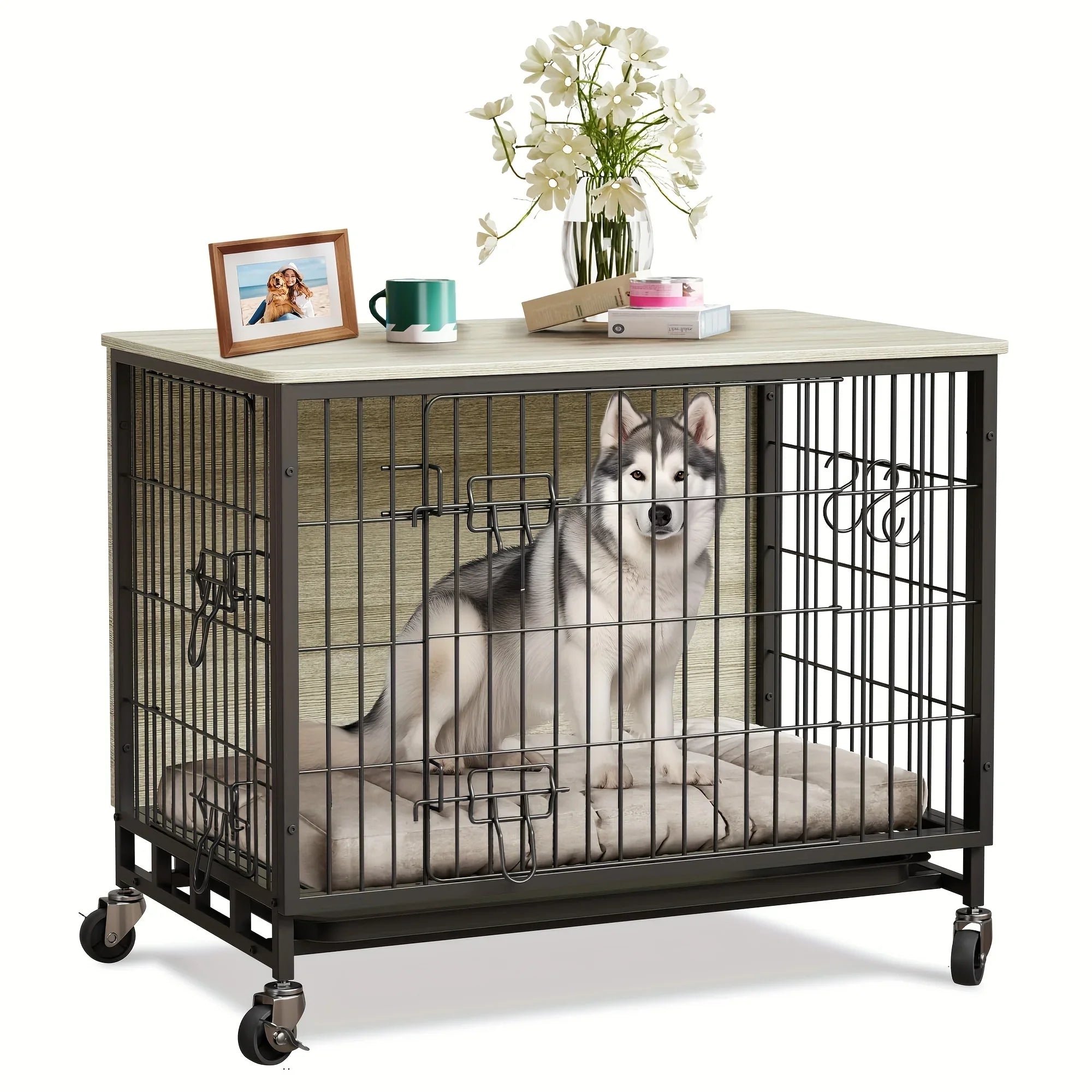 Large Heavy-Duty MDF & Wood Dog Crate Furniture - Double Door Kennel End Table with Removable Tray, Adjustable Divider &, Chew-Resistant Puppy Cage for Indoor/Outdoor Use, Multi-Size Dog House for Large Breeds (Golden Accent House Of Avana