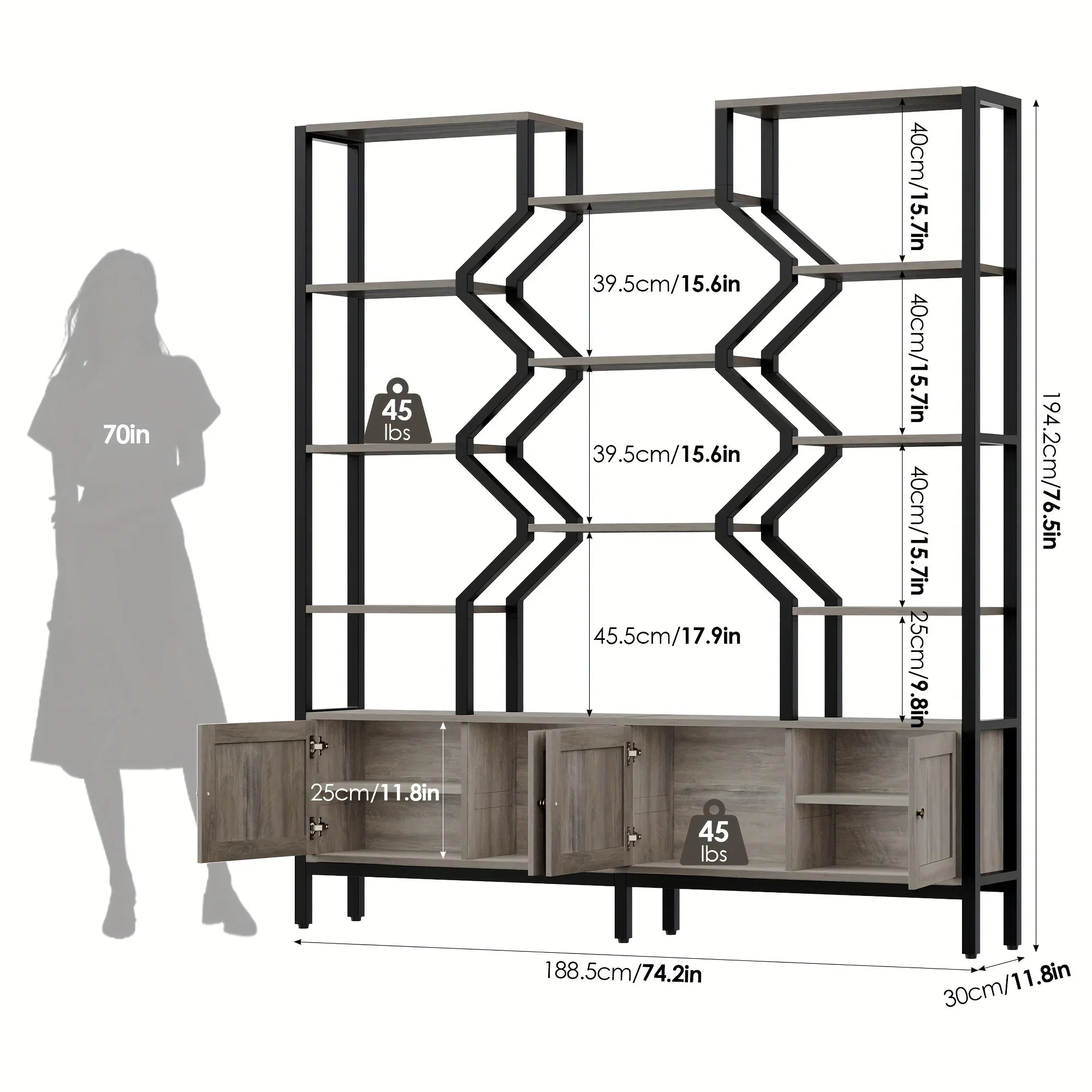 76.5" H X 74.2" W Industrial Bookshelf with 4 Large Storage Cabinet Shelves, 5-Tier Heavy Duty Wood & Metal Display Book Shelf, Large Etagere Bookcase, Floor to Ceiling Bookshelves/Room Divider for Wall/Library/Office/Living House Of Avana