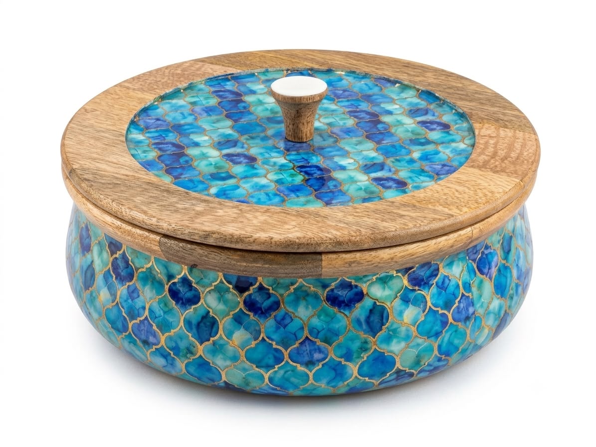 Large Mango Wood Flatbread Box in Blue Moroccan Tile, handcrafted in Moradabad, India